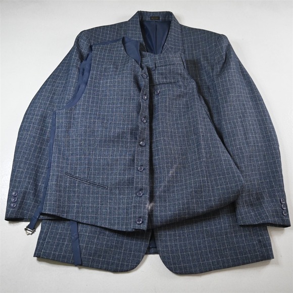 Gianni Vironi 44L 34x32 Blue Windowpane 3 Piece Vest Mens Jacket Pants Suit